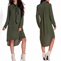Fashion Solid Color Lace-up Bowknot Long Sleeve High-low Hem Chiffon Dress
