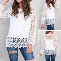 Sexy Hollow Out Lace Spliced Long Sleeve Round Neck T-shirt