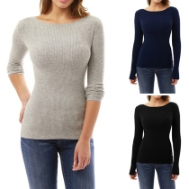 Fashion Solid Color Long Sleeve Irregular Hem Slim Fit Knit Top