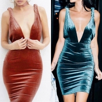Sexy Backless Deep V-neck Sleeveless Solid Color Slim Fit Party Dress