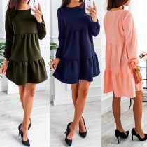 Fashion Solid Color Long Sleeve Round Neck Ruffle Hem Dress