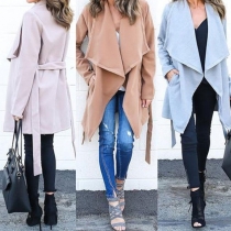 Fashion Solid Color Long Sleeve Lapel Windbreaker Coat with Waist Strap