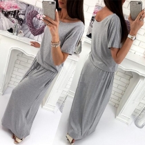 Casual Style Short Sleeve Round Neck Elastic Waist Solid Color Maxi Dress