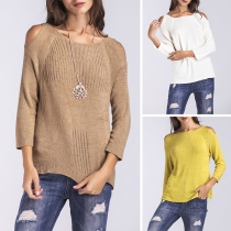 Sexy Off-shoulder Long Sleeve Round Neck Solid Color Sweater