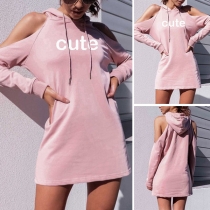 Sexy Off-shoulder Long Sleeve Letters Printed Hooded Sweatshirt Dress