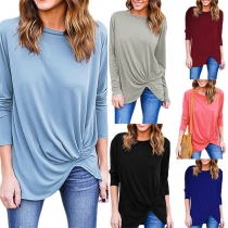 Fashion Solid Color Long Sleeve Round Neck Irregular Hem T-shirt