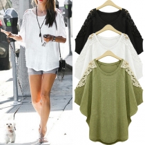 Fashion Lace Spliced Dolman Sleeve Round Neck Loose T-shirt