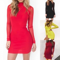 Sexy See-through Gauze Spliced Long Sleeve Round Neck Solid Color Bodycon Dress