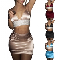 Sexy Backless V-neck Cami Top + High Waist Skirt Two-piece Set