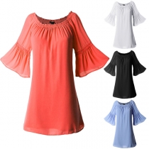 Fashion Solid Color Trumpet Sleeve Round Neck Chiffon Top 