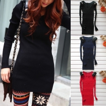 Fashion Solid Color Faux Fur Spliced Long Sleeve Round Neck Stretch Knit Dress