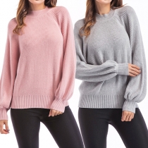 Fashion Solid Color Lantern Sleeve Round Neck Loose Sweater
