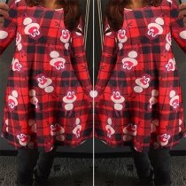 Cute Cartoon Printed Long Sleeve Round Neck Plaid Dress