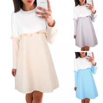 Fashion Contrast Color Long Sleeve Round Neck Ruffle Spliced Dress