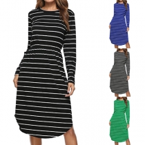 Fashion Long Sleeve Round Neck Elastic Waist Striped Dress