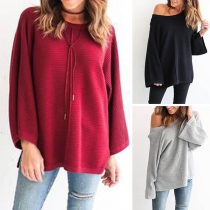 Fashion Solid Color Trumpet Sleeve Round Neck Loose Sweater