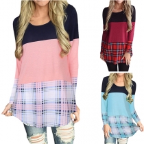 Fashion Contrast Color Plaid Spliced Long Sleeve Round Neck T-shirt 