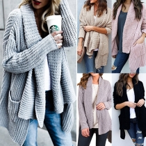 Chic Style Long Sleeve Shawl Collar Solid Color Knit Cardigan