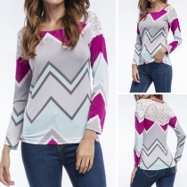 Fashion Lace Spliced Long Sleeve Round Neck Contrast Color T-shirt 