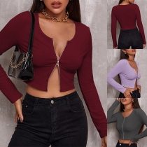 Fashion Solid Color Long Sleeve Round Neck Zipper Knit Top