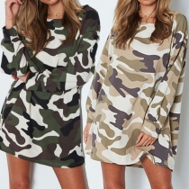Fashion Camouflage Printed Long Sleeve Round Neck Loose Sweatshirt Dress