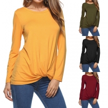 Fashion Solid Color Long Sleeve Round Neck Knotted Hem T-shirt