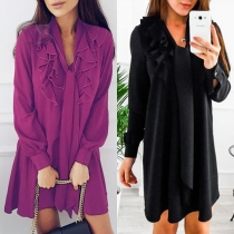 Sweet Style Solid Color Long Sleeve V-neck Ruffle Dress