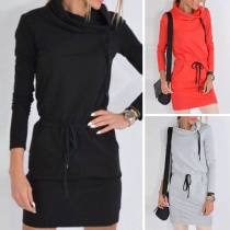 Fashion Solid Color Long Sleeve Heaps Collar Slim Fit Dress