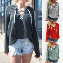 Fashion Solid Color Long Sleeve Lace-up Loose Hoodie