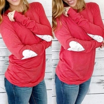 Fashion Heart-shaped Patch Spliced Long Sleeve Round Neck T-shirt 