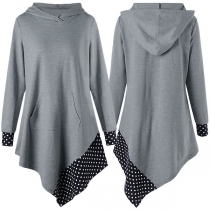 Fashion Dots Printed Spliced Irregular Hem Long Sleeve Hooded Sweatshirt Dress
