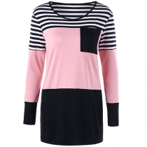 Fashion Contrast Color Striped Spliced Long Sleeve Round Neck T-shirt
