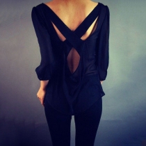 Sexy Crossover Backless 3/4 Sleeve Round Neck Solid Color Chiffon Top 