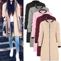 Fashion Solid Color Long Sleeve Stand Collar Slim Fit Zipper Coat 
