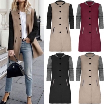 Fashion Contrast Color Long Sleeve Stand Collar Single-breasted Coat