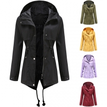 Fashion Solid Color Long Sleeve Drawstring Waist Hooded Jacket
