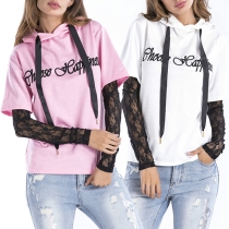 Fashion Letters Printed Lace Spliced Long Sleeve Hoodie