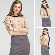 Sexy Backless Long Sleeve Round Neck Knit Top 