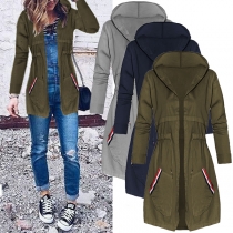 Fashion Solid Color Long Sleeve Drawstring Waist Hooded Coat 