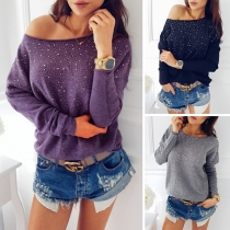 Fashion Solid Color Long Sleeve Round Neck Rhinestone Spliced T-shirt