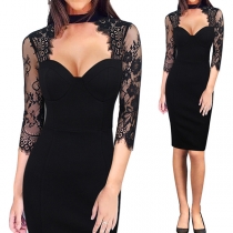 Sexy Hollow Out Lace Spliced 3/4 Sleeve Slim Fit Party Dress