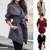 Fashion Solid Color Long Sleeve Lapel Woolen Coat with Waist Strap