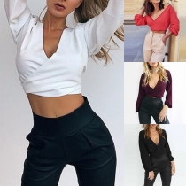 Sexy Backless Deep V-neck Long Sleeve Solid Color Top