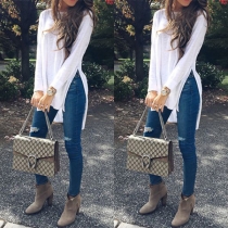 Fashion Solid Color Long Sleeve Round Neck High-low Hem T-shirt 