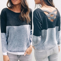 Sexy Crossover Hollow Out V-neck Long Sleeve Contrast Color Sweatshirt 
