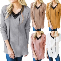 Fashion Contrast Color Lace-up V-neck Long Sleeve Knit Top