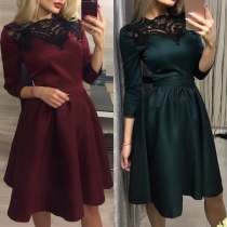 Sexy Hollow Out Lace Spliced Round Neck 3/4 Sleeve High Waist Dress
