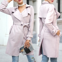 Elegant Solid Color Long Sleeve Windbreaker Coat with Waist Strap