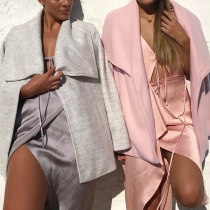 Fashion Solid Color Long Sleeve Lapel Woolen Coat with Waist Strap