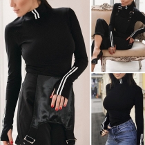 Fashion Contrast Color Striped Spliced Long Sleeve Turtleneck T-shirt 